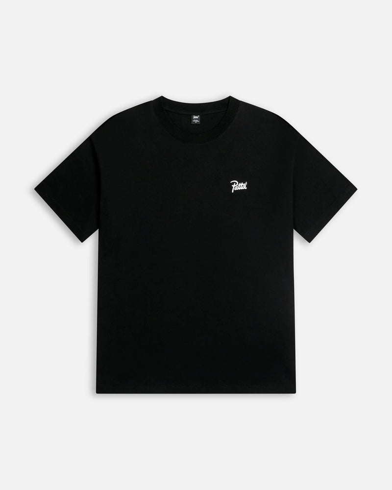 Front view of the Patta Championship T-Shirt in black cotton with a white script logo on the chest.