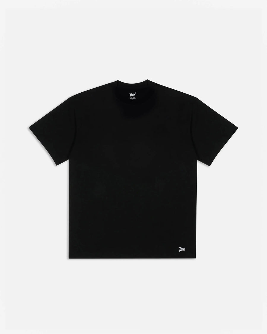 Patta black tubular short-sleeve t-shirt with a white script logo near the bottom hem.